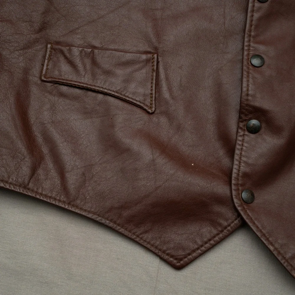 Vintage 70s 80s Sears Leather Shop Dark Brown Leather Vest 44 Reg Cowboy Western